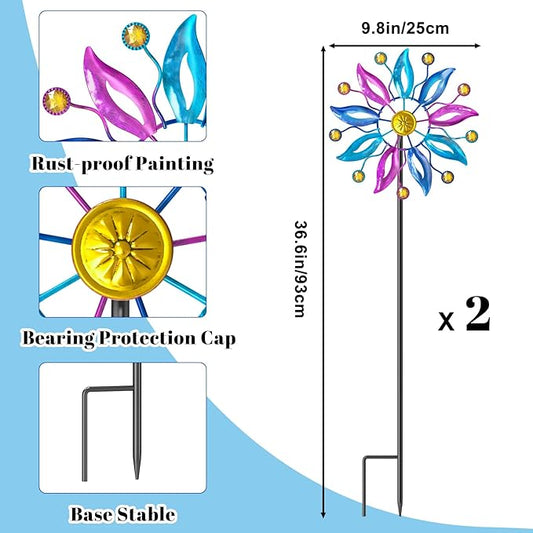 2PCS Metal Wind Spinner Outdoor, Windmill Garden Decorations, Kinetic Wind Spinners Colorful Wind Sculpture Yard Art for Garden Patio Lawn Decor (2PC Single Turn B)