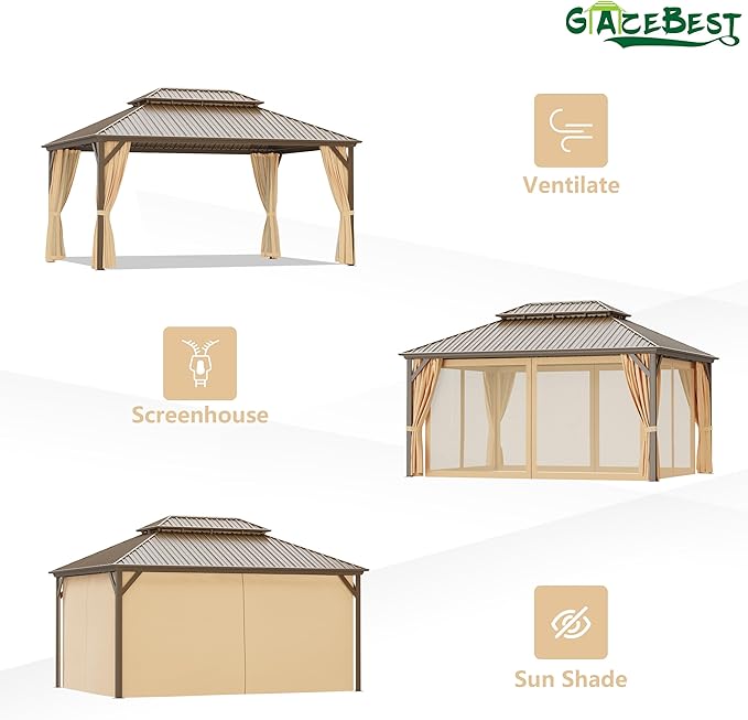 12x16 ft Hardtop Gazebo Outdoor Aluminum Patio Gazebo Double Roof Galvanized Steel Canopy with Netting and Curtains for Garden, Backyard, Deck and Lawns.