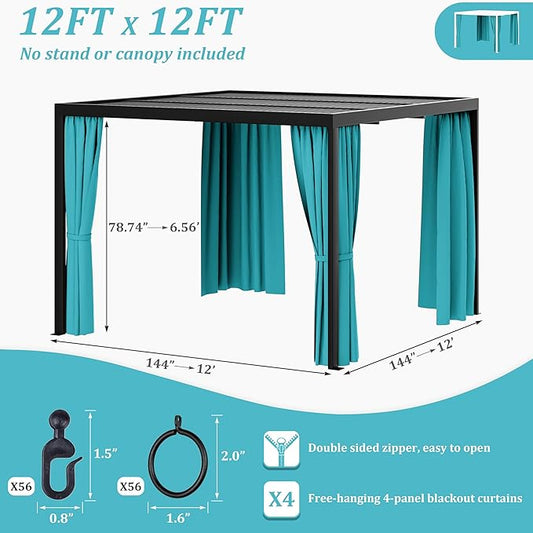 Gazebo Universal Replacement Privacy Curtain,12'×12' Gazebo Outdoor Waterproof Curtains, 4-Panels Sidewall Curtains with Double Zipper for Patio Canopy, Garden and Backyard (Curtain Only)
