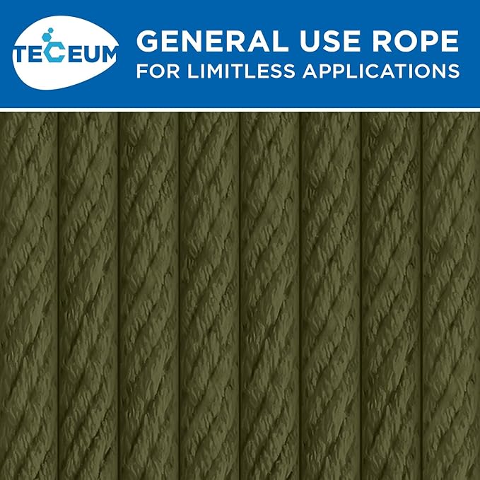 TECEUM Cotton Rope 3/16” (5 mm) – 50 FT – Strong All-Purpose Braided Rope – Natural Cotton – for Crafting, Сamping, Clothes Line, DIY, Indoor & Outdoor Use – Army Green