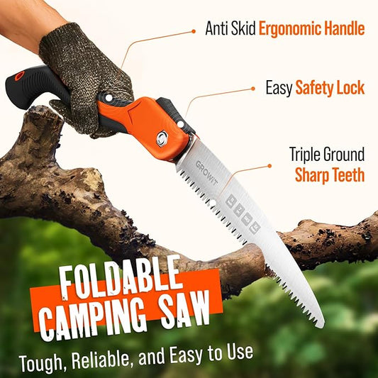 GROWIT Folding Camping saw 11 Inch - Heavy Duty Pruning Saw with Triple-Cut SK5 Blade, 7 TPI Razor Teeth for Tree Trimming, Wood Cutting, Camping, Bushcraft, and Gardening