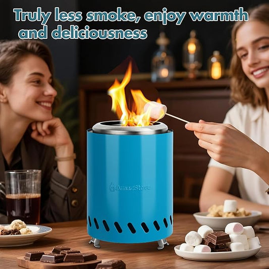 9.7 x 7.1 Inch Tabletop Fire Pit by AmazStove, Low Smoke Camping Stove for Outdoor Safe Burning Firepits, Fueled Pellets or Wood, Travel Bag Included (Blue, 9.7 x 7.1 INCH)