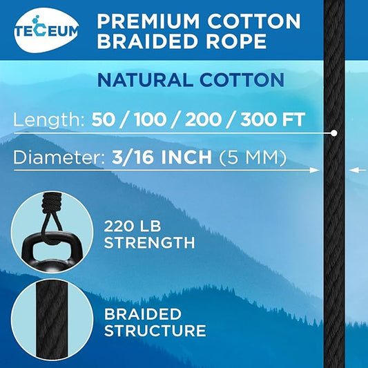 TECEUM Cotton Rope 3/16” (5 mm) – 100 FT – Strong All-Purpose Braided Rope – Natural Cotton – for Crafting, Сamping, Clothes Line, DIY, Indoor & Outdoor Use – Black