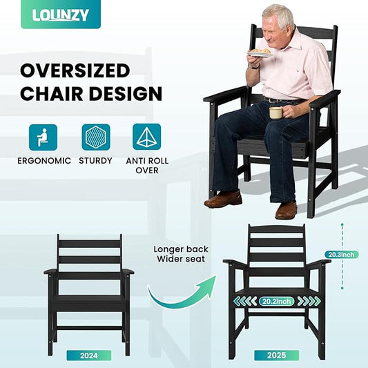 LOUNZY 9 Pieces Patio Dining Sets,Outdoor HDPE Furniture Set for 8 w/ 2" Hole Cut-Out Dining Table with 8 Patio Chairs(2 W/Armrest, 6 w/o Armrest),Black