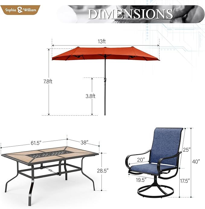 Sophia & William Patio Set with Umbrella Patio Dining Set for 6 with 13ft Rectangle Patio Umbrella Red, 6 x Patio Chairs Blue, 1 Wood Like Outdoor Dining Table with Umbrella Hole for Lawn Garden