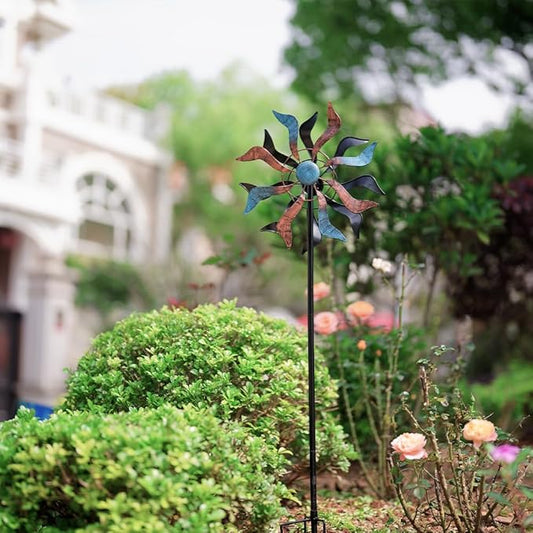 Wind Spinner Outdoor, 13 Inch Dia Kinetic Wind Sculptures & Spinners, 41" Tall Metal Windmill for Garden Yard Decor, Copper Blue
