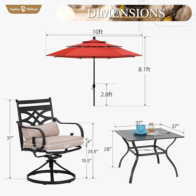 Sophia & William Swivel Patio Dining Set for 4 | 10ft Patio Umbrella Red | Removable Seat Cushions | Black 37" Patio Dining Table