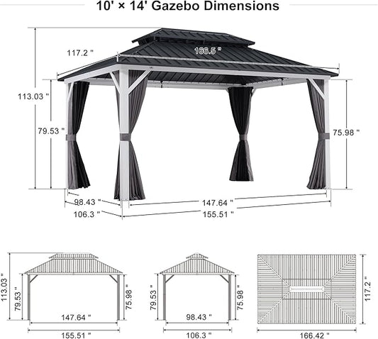 PURPLE LEAF 10' X 14' Hardtop Gazebo, Metal Double Roof White Aluminum Frame Outdoor Heavy Duty Gazebo with Curtain and Netting for Patio, Garden and Backyard, Grey
