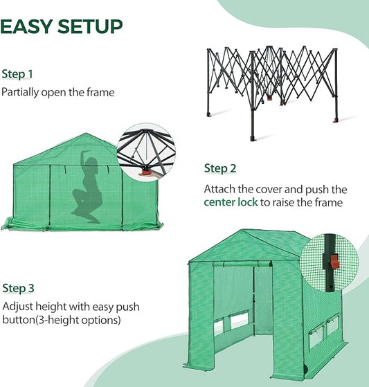 8x8 Pop Up Walk-in Greenhouse, Indoor & Outdoor PE Cover Green House w/ Power Access Ports, Roll-up Zippered Doors and Windows, Green