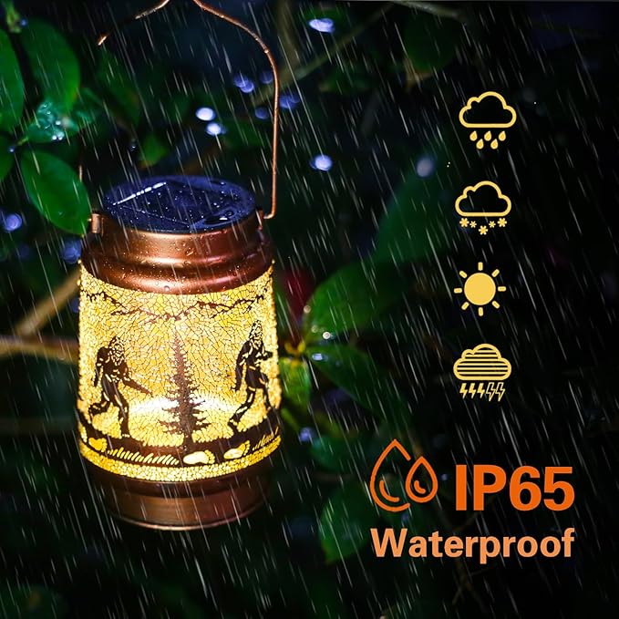 2 Pack Bigfoot Outdoor Solar Hanging Lanterns Waterproof LED Solar Lights Metal Decorative Lanterns for Garden, Patio, Courtyard, Backyard, Yard Decor Unique Bigfoot Gifts for Women Gardening