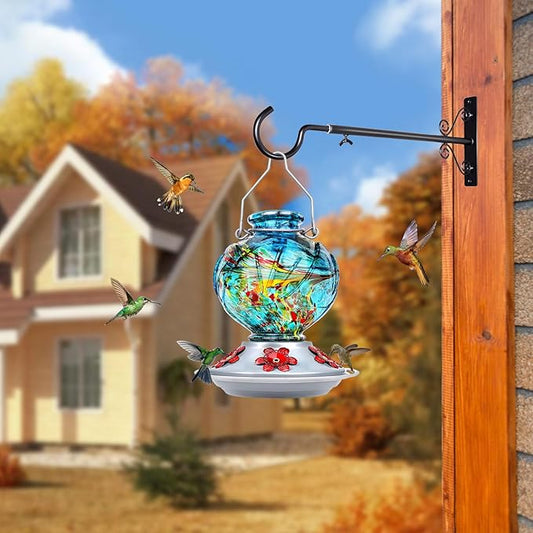 BOLITE Hummingbird Feeder, Hand Blown Glass Hummingbird Feeders for Outdoors Hanging, with Ant Moat and 5 Feeding Ports, 22 Ounces, Peony Flower Shape, Blue, Gifts for Women Men, Gifts for Mom Dad