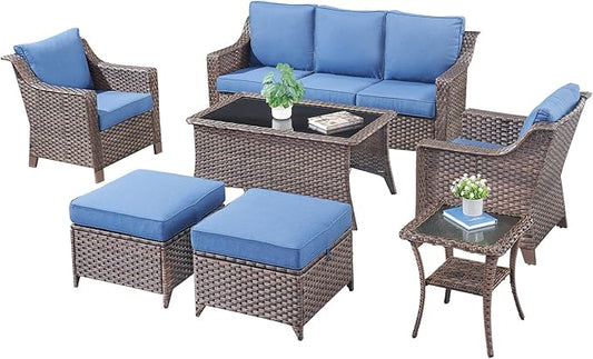 Patio Furniture Set-7 Pieces Outdoor All-Weather Wicker Conversation Set Outdoor Rattan Sofa Couch with Patio Chairs Ottomans for Porch Garden Backyard Poolside-Brown/Blue