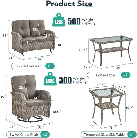 5 Piece Patio Furniture Set - Wicker Patio Conversation Set with Swivel Glider, Glider Loveseat, Tempered Glass Side Table and Coffee Table for Deck Backyard - Grey Wicker Grey Cushion