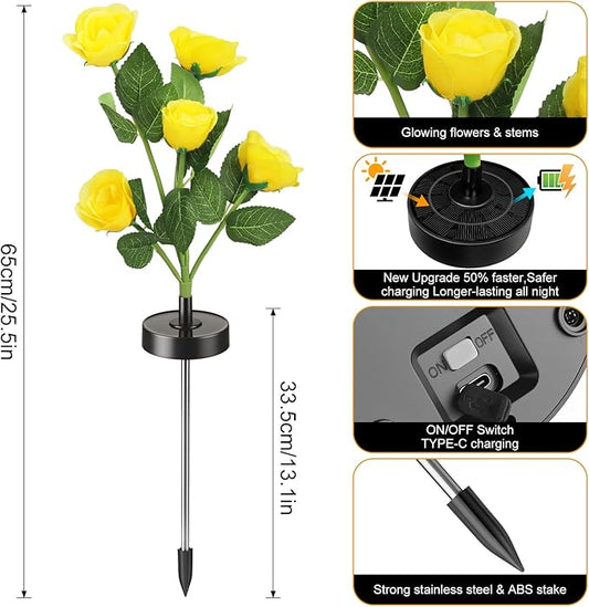 Solar Flowers Lights - Upgraded Outdoor Yellow Rose Flowers Lights, 7-Color Changing & Waterproof Outdoor Solar Lights for Garden, Patio, Backyard,Party and Office (Yellow Rose, 4)