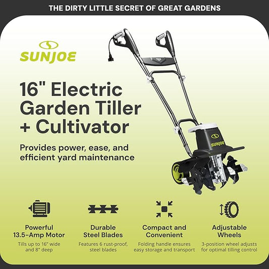 Sun Joe Electric Corded Garden Tiller & Cultivator, Steel Tines, 13.5 Amp, 16 Inch, Black - Heavy Duty Gardening Machine Equipment for Lawn, Yard, & Grass, TJ604E