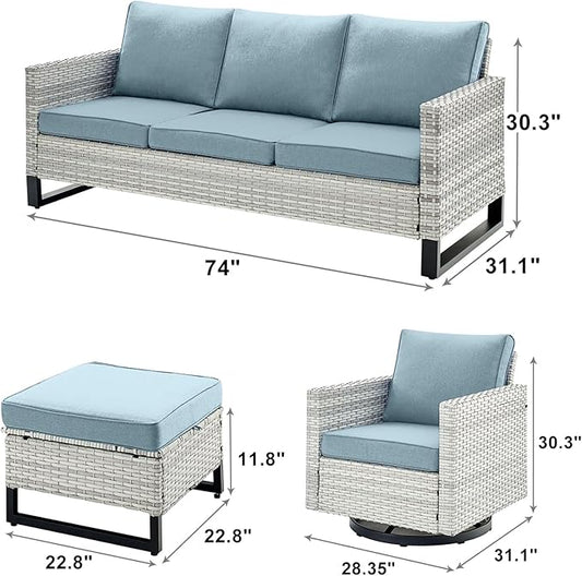 Rilyson Wicker Outdoor Patio Furniture Set - 5 Piece Patio Conversation Set with 2 Swivel Rocker Chairs,2 Rattan Ottoman and 1 Couch for Outside Porch Deck Backyard Garden(Light Grey/Sky Blue)