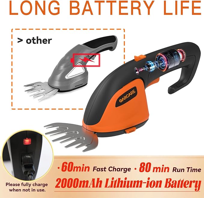 GARCARE 2-in-1 Cordless Grass Shear & Hedge Trimmer, 7.2V 2000mAh Li-ion Battery, Type-C Charging, Lightweight for Lawn, Shrubs, Patio