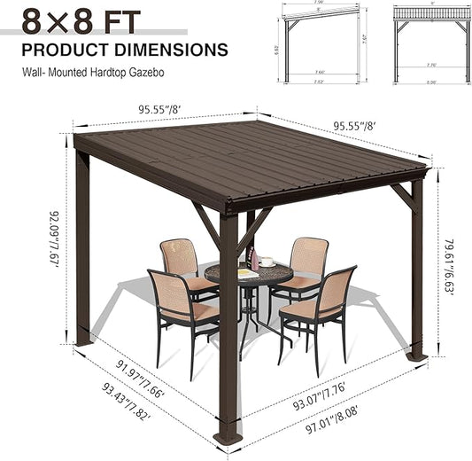 Domi 8'x8' Lean to Gazebo Hardtop, Expandable Wall Mounted Pergola with Gutters & Galvanized Steel Roof, 60MPH Wind Resistance, Outdoor Metal Heavy Duty Metal Awning for Patio, Deck, Backyard - Brown