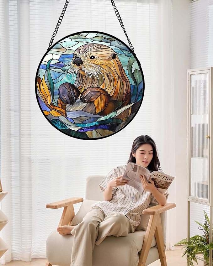 Stained Glass Suncatcher, Blue Ocean Cute Sea Otter Sun Catcher Stain Glass Window Hanging Decoration Mother's Day Birthday Gifts for Women Men Mom Nana 7.8 in