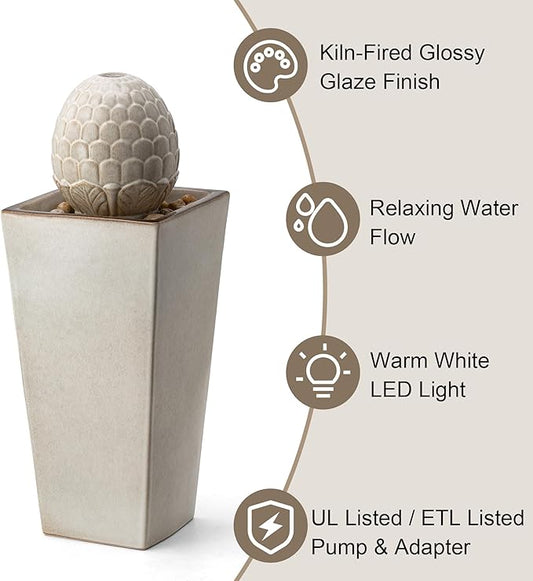 Glitzhome Ceramic Outdoor Water Fountain with LED Light, Oversized Artichoke Pedestal Water Fountains with Submersible Pump, Patio Fountain Waterfall for Garden Patio Deck Porch, Sand Beige, 35.75" H