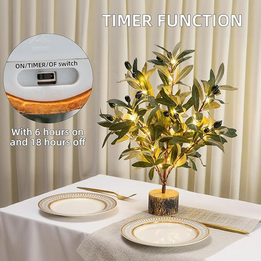 Lighted Tabletop Olive Tree, Artificial Greenery Tree Indoor 19IN 49 Warm White Led with Timer, Battery Operated for Spring Summer Home Office Decorations