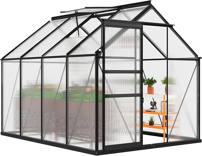 DWVO 6x8FT Polycarbonate Greenhouse Heavy Duty Green Houses Outdoor Aluminum Greenhouses with Sliding Doors Vent Window Walk-in Greenhouse Large Sun House for Garden Backyard, Matte Black