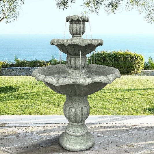 39.3” H Outdoor Floor Water Fountain, 3-Tiers Concrete Water Fountain with Submersible Electric Pump - Garden Cascading Waterfall for Yard Patio Lawn Home Decor