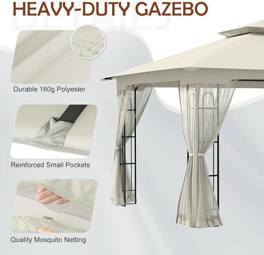 COOS BAY 10x12 Outdoor Patio Gazebo with Netting, Two-Tier Soft Top Canopy for Backyard, Lawn, Deck and Garden, Beige