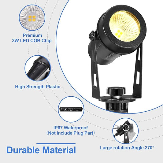Low Voltage Landscape Lights 4 Pack, 49ft Cable Spotlight Outdoor with 12V Transformer, IP65 Waterproof Plug in Spot Lights 2700K Warm White for Yard, Plant, Lawn, Tree, Flags, Garden