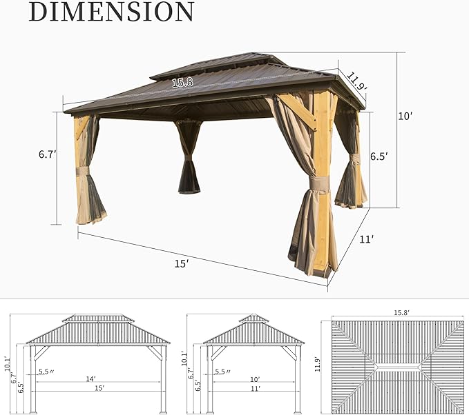 Domi 12'x16' Cedar Wood Gazebo with Double Roof Steel Hardtop,Solid Wood Frame Gazebo,Curtains and Netting Included for Garden, Backyard