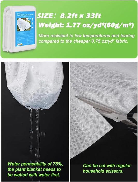 Abimars Thicker Plant Covers Freeze Protection 1.77 oz/yd², 8.2ft x 33ft Reusable Floating Row Cover for Garden, Frost Cloth Plant Freeze Protection, Plant Blanket for Outdoor Plants