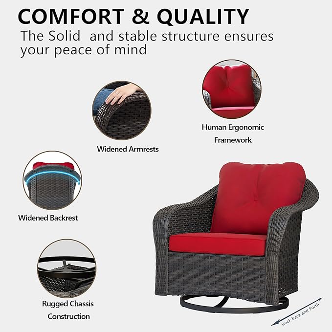 Outdoor Brown Wicker Swivel Rocking Chair - Red, 1PC, Alloy Steel Frame, 300 lbs Weight Capacity, Includes Water-Resistant Cushions