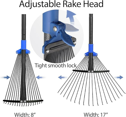 Metal Rake for Leaves Heavy Duty, Adjustable Garden Leaf Rake with Expandable Head 8-17", Shrub Pine Needle Kids Hand Yard Rake Garden Tool