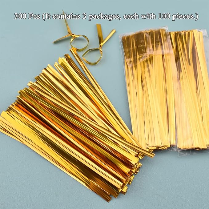 HAHIYO 300Pcs 4 inches Gold Metal Twist Ties Bread Candy Coffee Bag Ties Plant Garden Twist Ties for Cellophane Treat Bags Gift Wraping Bags Plastic Bags Halloween Party Cake Present Art Crafts