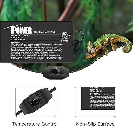 iPower 4 by 7 Inch Reptile Heating Pad with Temperature Adjustable Controller Knob, Under Tank Warmer Terrarium Heat Mat for Reptiles and Amphibians
