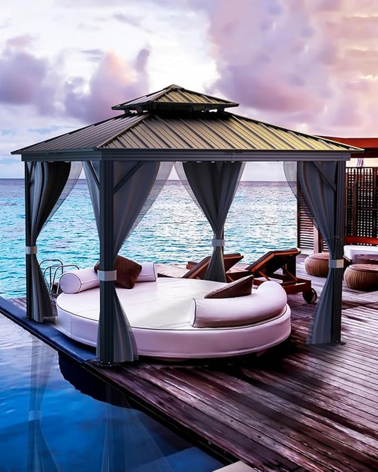Hardtop Gazebo 12'x12' for All Weather, with Double Metal Roof, Aluminum Alloy Frame, and Net and Curtain, Permanent Building of Backyard Luxury for Patio, Deck, Backyard, Lawn, and Garden, Gray