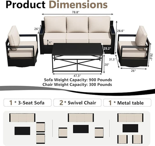 Outdoor Patio Furniture Set, 4-Piece Aluminum Patio Conversation Set All-Weather Metal Outdoor Sectional with 6 Inch Thick Cushions, Deep Setting for Garden, Outside and Porch