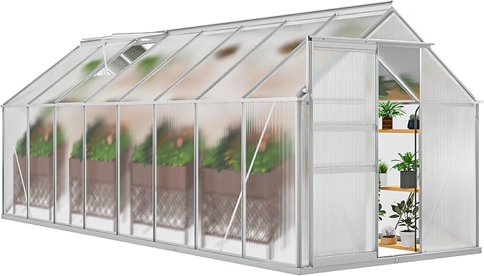 DWVO 6x16FT Polycarbonate Greenhouse Heavy Duty Green Houses Outdoor Aluminum Greenhouses with Sliding Doors Vent Window Walk-in Greenhouse Large Sun House for Garden Backyard, Matte Sliver