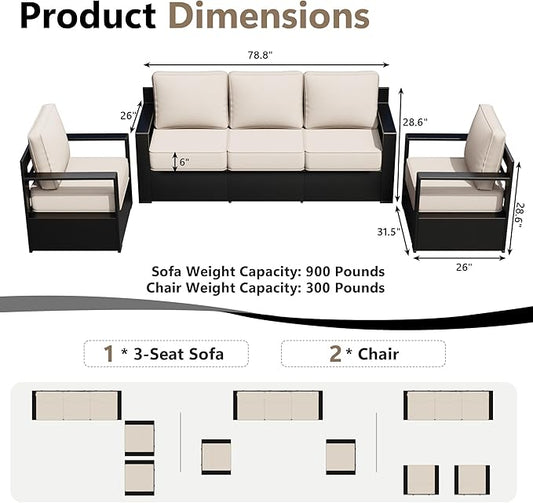 Outdoor Patio Furniture Set, 3-Piece Aluminum Patio Conversation Set All-Weather Metal Outdoor Sectional with 6 Inch Thick Cushions, Deep Setting for Garden, Outside and Porch
