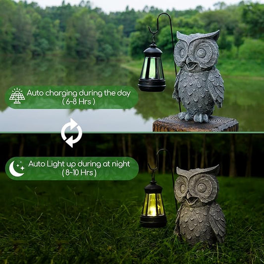 Owl Solar Garden Outdoor Statues, Resin Owl Figurine Decorations with Solar Lights Lantern for Patio, Balcony, Home, Yard Art, Lawn Ornaments, Porch, Garden Gifts for Grandma Mom Women
