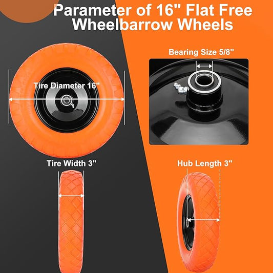 Upgraded 16" Flat Free Wheelbarrow Wheels and Tires, 4.80/4.00-8 Solid Tires with 5/8"&3/4" Bearings, Universal Fit for Wheelbarrows/Garden Trailer
