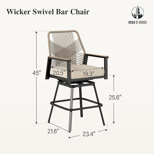 HERA'S HOUSE Outdoor Swivel Bar Stools Set of 2, High Top Patio Chairs with All Weather Cushion Pro Fabric, Bistro Set for Backyard, Lawn Garden, Balcony,Poolside