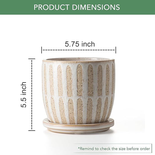 Ceramic Flower Pots Indoor-Outdoor: 5.75 Inch Planters with Drainage Holes & Saucer - Modern Decorative Plant Pots Ceramic for Home Gardeners (Striped)