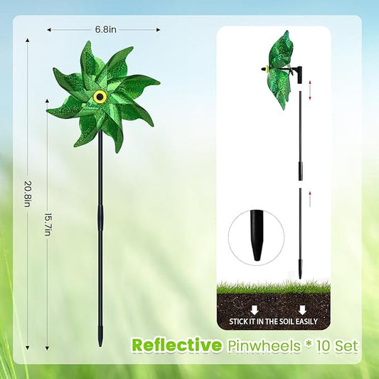 10 PCS Reflective Pinwheels for Yard and Garden Bird Devices Pre-Installed Sparkly Wind Spinner Deterrent to Scare Birds Away from Yard Patio Farm (Green)