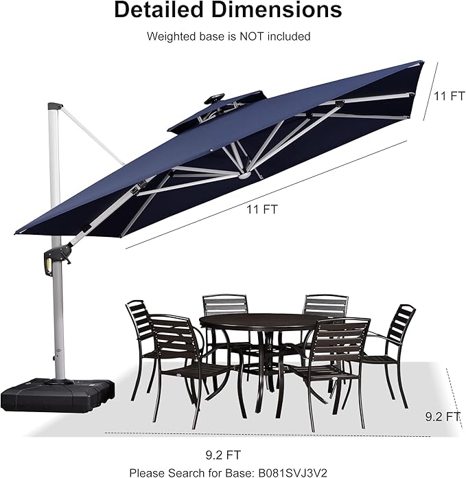 PURPLE LEAF 11 Feet Double Top Deluxe Solar Powered LED Square Patio Umbrella Offset Hanging Umbrella Outdoor Market Umbrella Garden Umbrella, Navy Blue