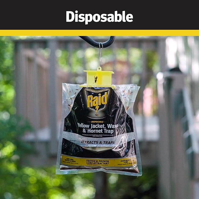 Raid Yellow Jacket, Wasp & Hornet Trap, 6 Pack, Disposable, Convenient, Hanging Fly Trap Bags with Food-Based Lure, No-Spray Outdoor Fly Traps Suitable Defense for Yards, Patios & Campsites