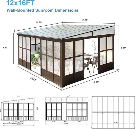 12x16FT Lean to Sunroom, Patio Wall Mounted Solarium All Weather Use, Against The Wall Enclosed Gazebo Small Guest House with Removable Polycarbonate Roof/Windows, 2 Lockable Sliding Doors
