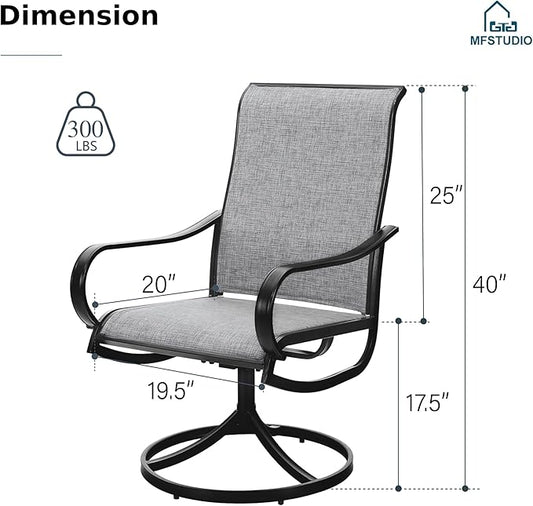 MFSTUDIO Outdoor Swivel Patio Dining Chairs Set of 2, High Back Breathable Textilene Patio Chairs for Balcony, Backyard, Deck, Garden (Light Grey Fabric, Black Frame)