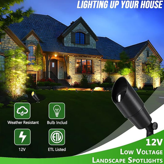 Wowlite 12V Low Voltage Landscape Lighting, Adjustable LED Outdoor Spotlights for House, IP65 Waterproof Matte Black Aluminum Garden Lighting for Trees, Yard, Patio (5W 2700K Warm White Bulb Included)