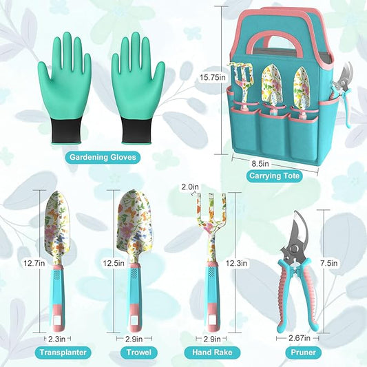 6 Pcs Garden Tool Set, Gardening Hand Tools Aluminum Alloy Starter Kit with Garden Bag, Heavy Duty Outdoor Tool Set with Ergonomic Handle, Gardening Gifts (Flower Pattern)